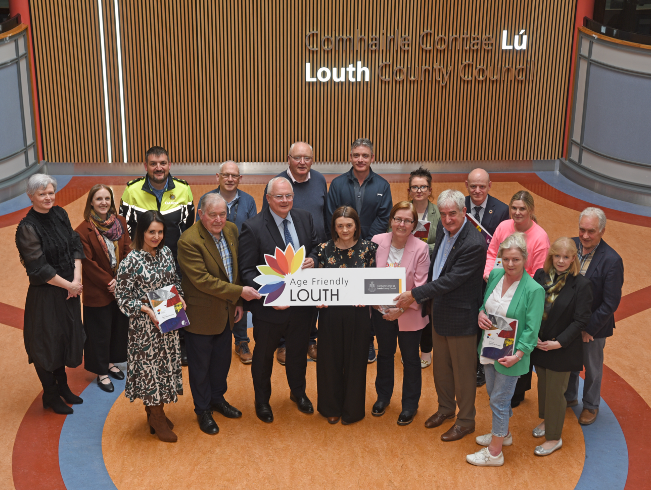 Members of the Age Friendly Alliance mark the adoption of Louth Age Friendly Strategy 2026-2031 at County Hall, Dundalk. 