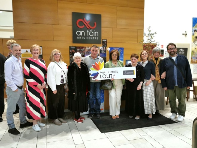 1.	Paul Hayes, Director of An Táin Arts Centre (First on the left) and writer Niall O’Brien (first on the right) with participants in the Promoting Positive Ageing Project at the premiere screening of Fragments and Pieces of Us at An Táin Arts Centre on 6 October. The films were developed through a creative collaboration between Age Friendly Louth and An Táin Arts Centre to challenge ageism and promote positive ageing across County Louth.