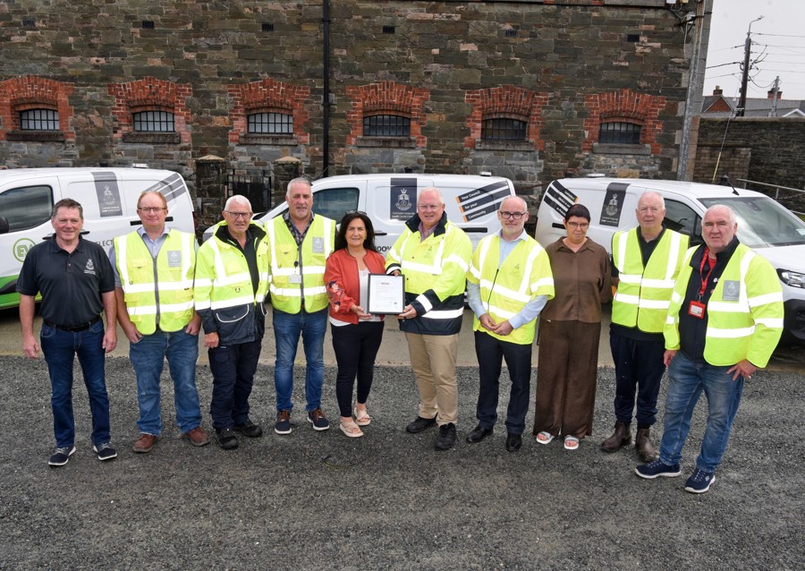 Tony Walsh, Craft Foreman; Jim Campbell, Executive Health & Safety Officer; Eugene Birch, Litter Warden; Jerome Lambe, Head of Safety; Cllr Dolores Minogue, Cathaoirleach of Louth County Council; David Conway, Chief Executive of Louth County Council; Debbie McAreavey, Facilities & Safety Section; Pat Casey, Foreman; and Richard Sullivan, Craft Foreman, pictured with Louth County Council's I.S. ISO 45001:2018 certification.