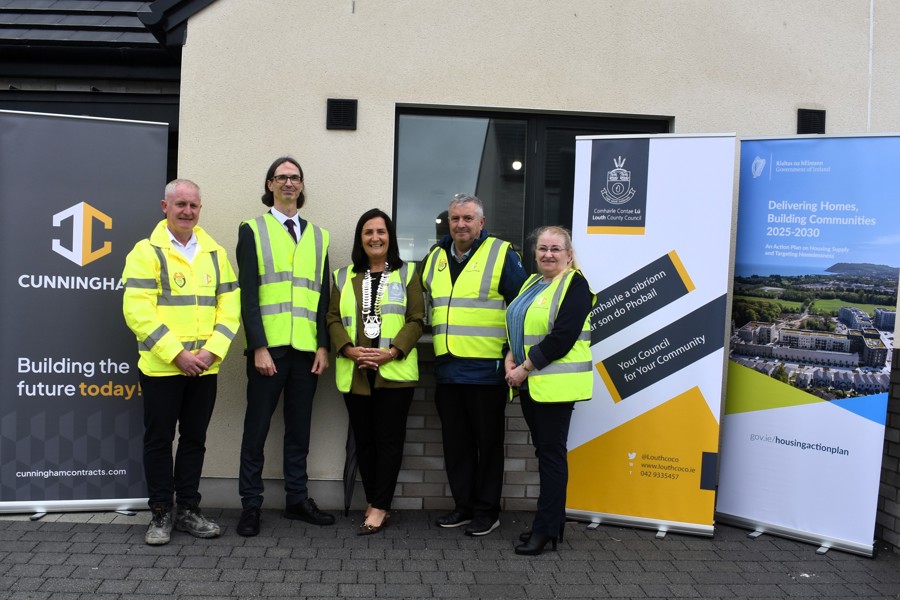 George Taggart, Cunningham; Ger Murphy, Louth County Council; Cllr Dolores Minogue, Cathaoirleach of Louth County Council; Cllr Jim Tenanty, Cathaoirleach of Ardee Municipal District; and Paula Hand, St John of God North East Community Services, during a visit to An Mullach, Louth County Council's new social housing development in Louth Village.